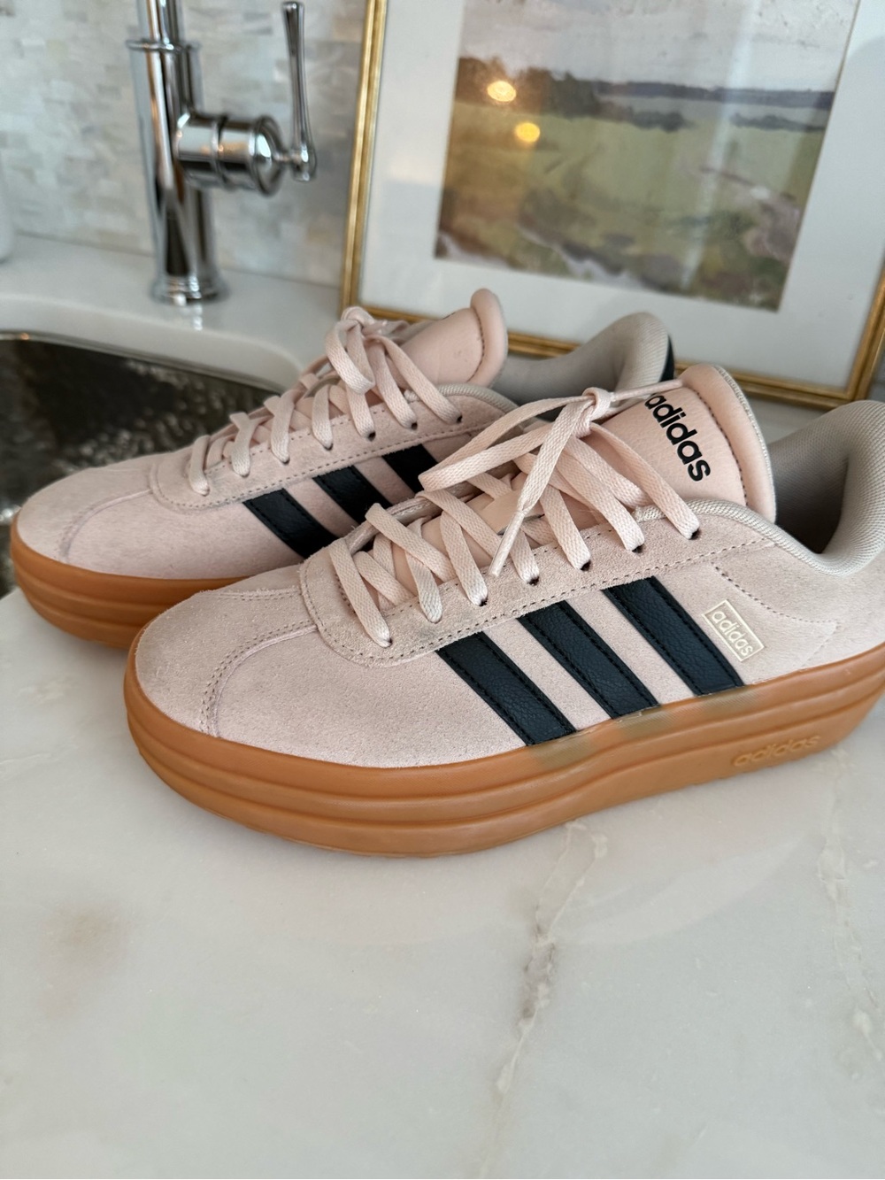 adidas Women’s Pink Suede Platform Sneakers with Black Stripes
